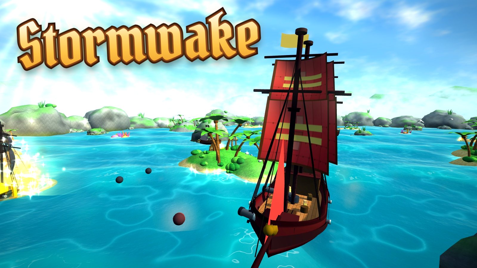 A pirate ship with red sails firing its cannons at an enemy ship near a tropical island